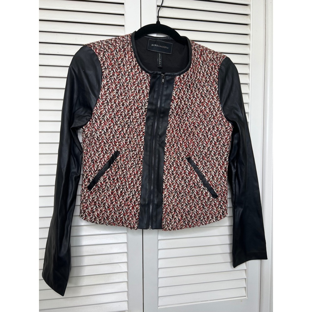 BCBG MAX AZRIA Tweed Jacket Faux Leather Sleeves Womens XS Red Black Zip
